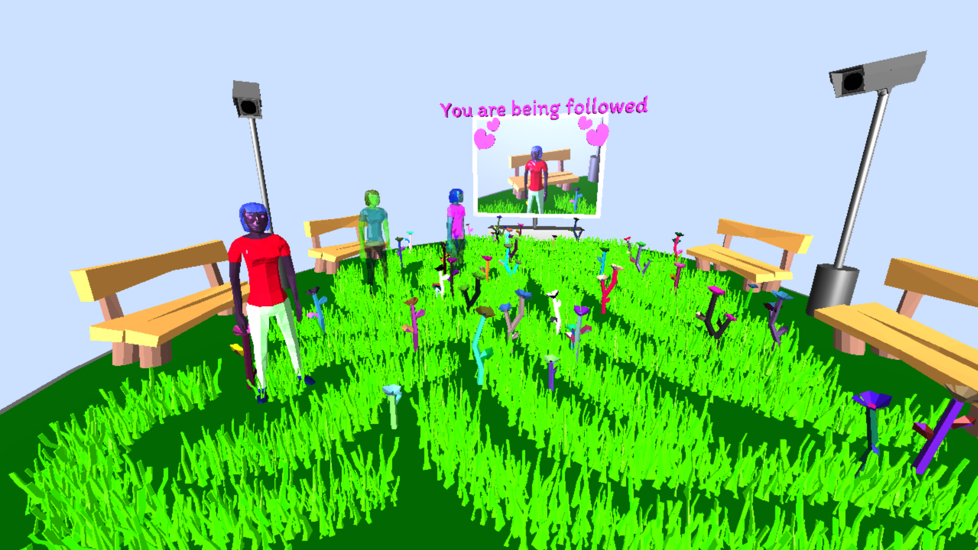 A screenshot of a low-poly garden, there are flowers and people and menacing security cameras.