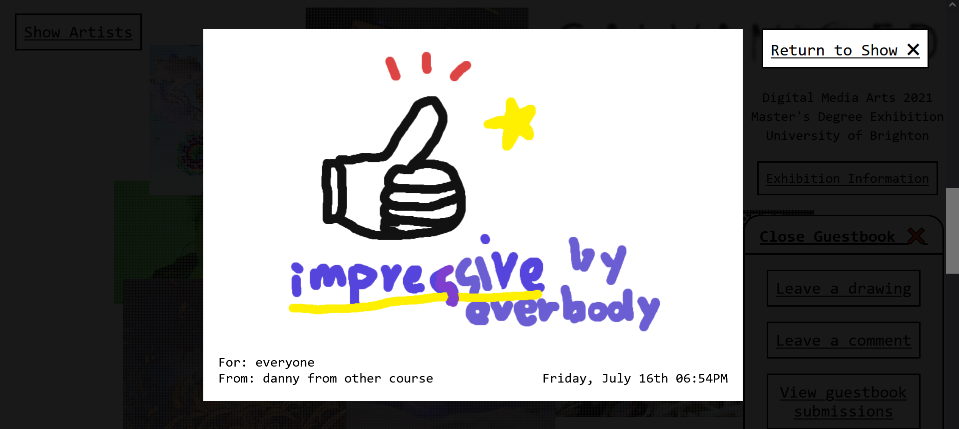 A screenshot of a drawing left on the show website. It contains a thumbs up, scribbled with a clunky brush, and the words Good Job