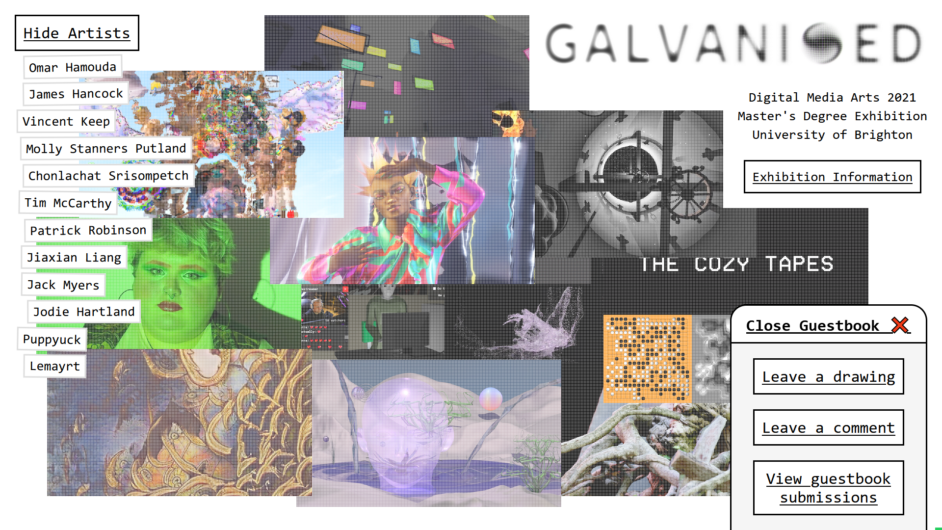 A screenshot of a collage of pictures, the homepage of galvanised dot show