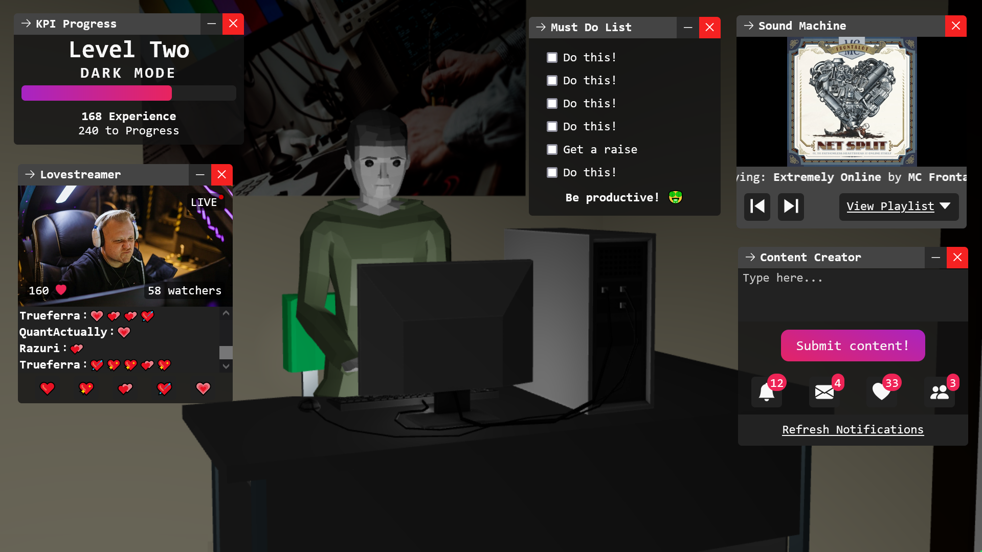 A website screenshot displaying a low-poly person in a darkened room, working at a computer. They are surrouded by computer windows.