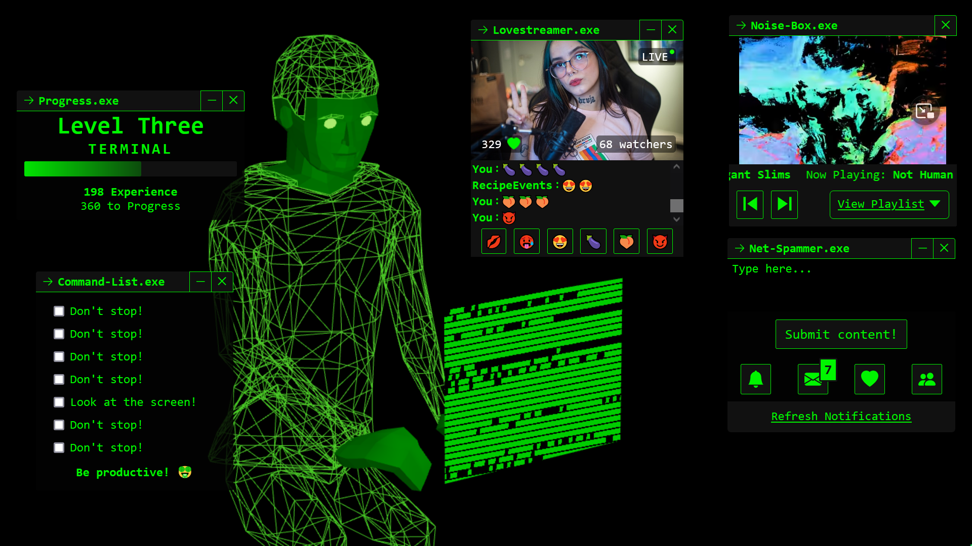 A website screenshot with a low-poly outline of a person, in vivid green. The person has become one with the computer matrix, they sit in front of a black terminal window with green lines of text.