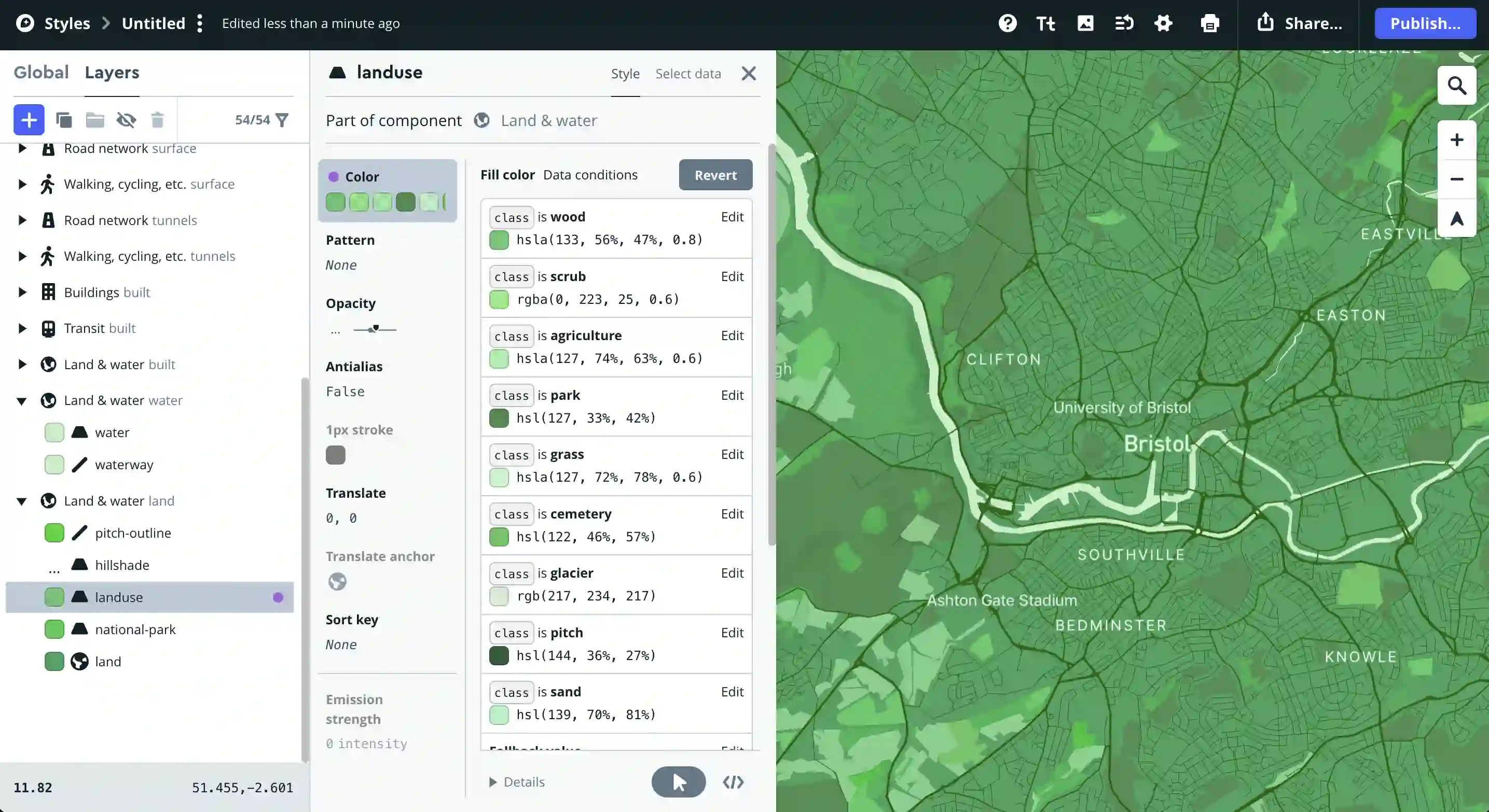 The land use colors are determined with a lot of different options, such as "park", "wood", "glacier", etc. The map is displayed to the right showcasing the current settings.
