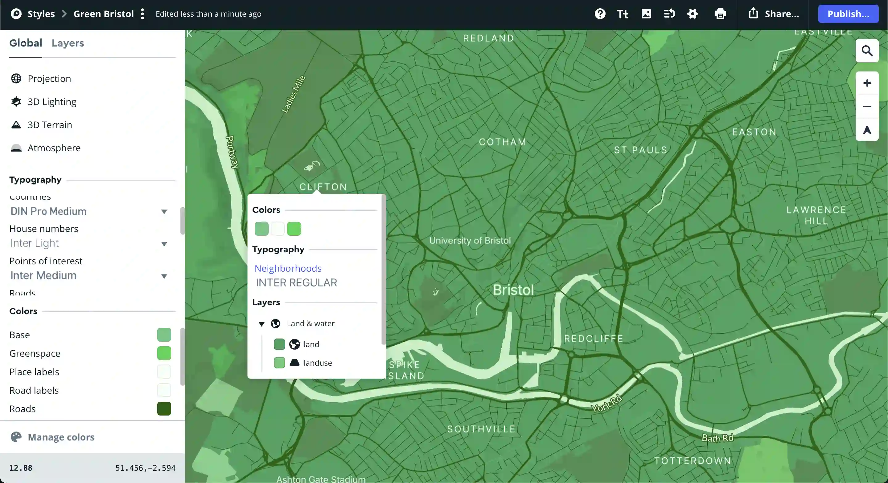 A popup beneath a map title shows color options and also font choices.