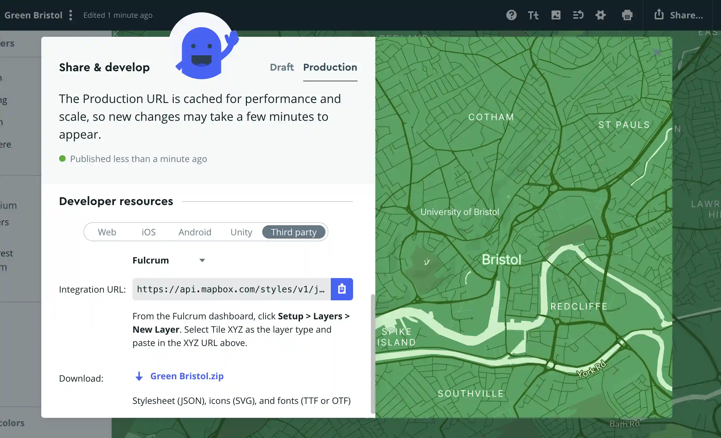 A large sharing popup window includes a smiling, waving cartoon figure, a demo of the map on the right and export options to the left.