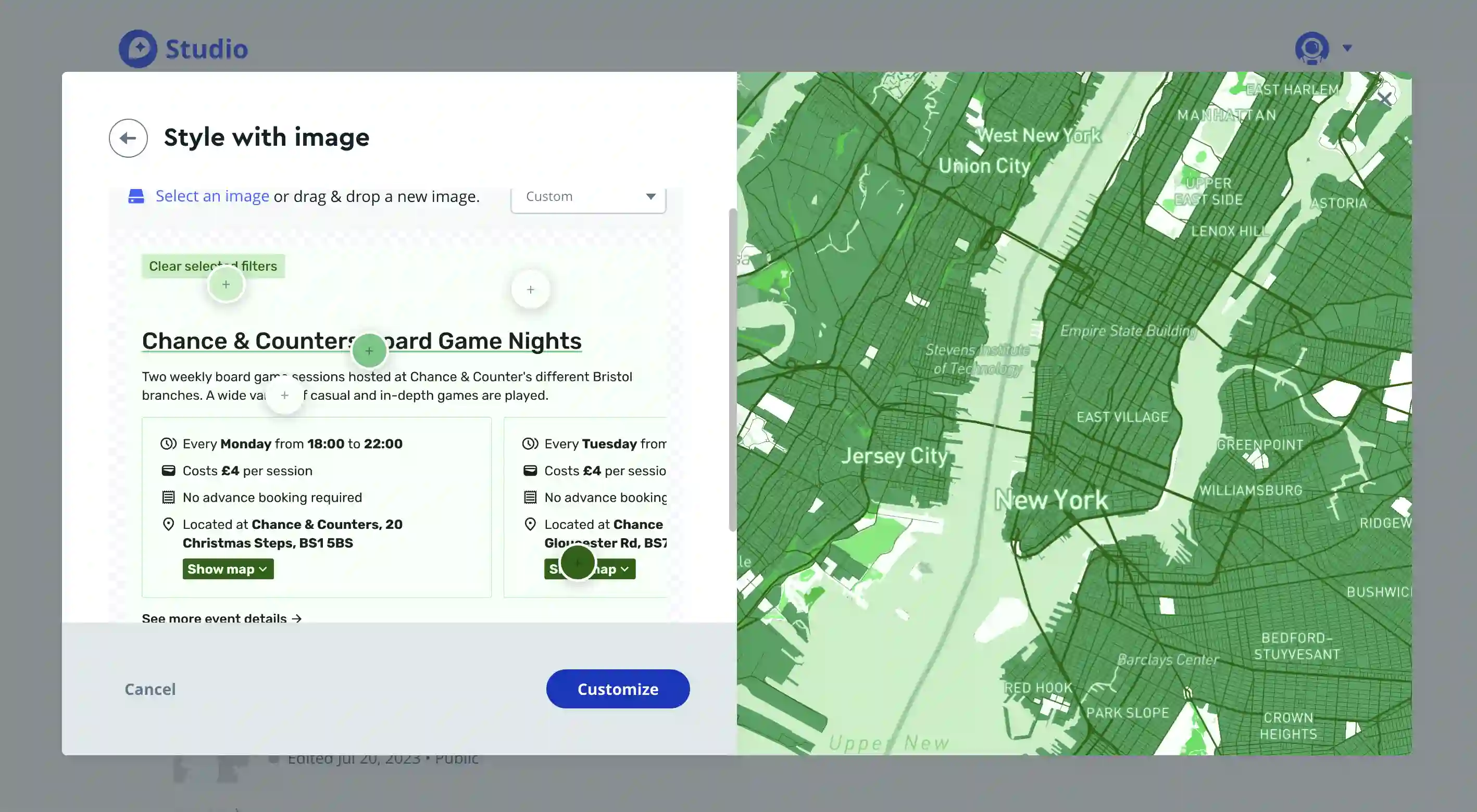 Creating a new map style based on a photo upload tool. There are five minor UI elements the user can drag around to change the color of their final map.